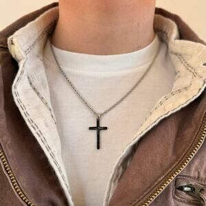 Y2K Silver Rope Chain Cross Necklace Unisex Stainless Steel 20" New